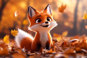 Fototapeta premium a 2D cartoon illustration of a curious fox with a fluffy tail autumn forest scene white background