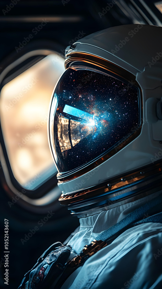 Poster astronaut in space with starry reflection in helmet