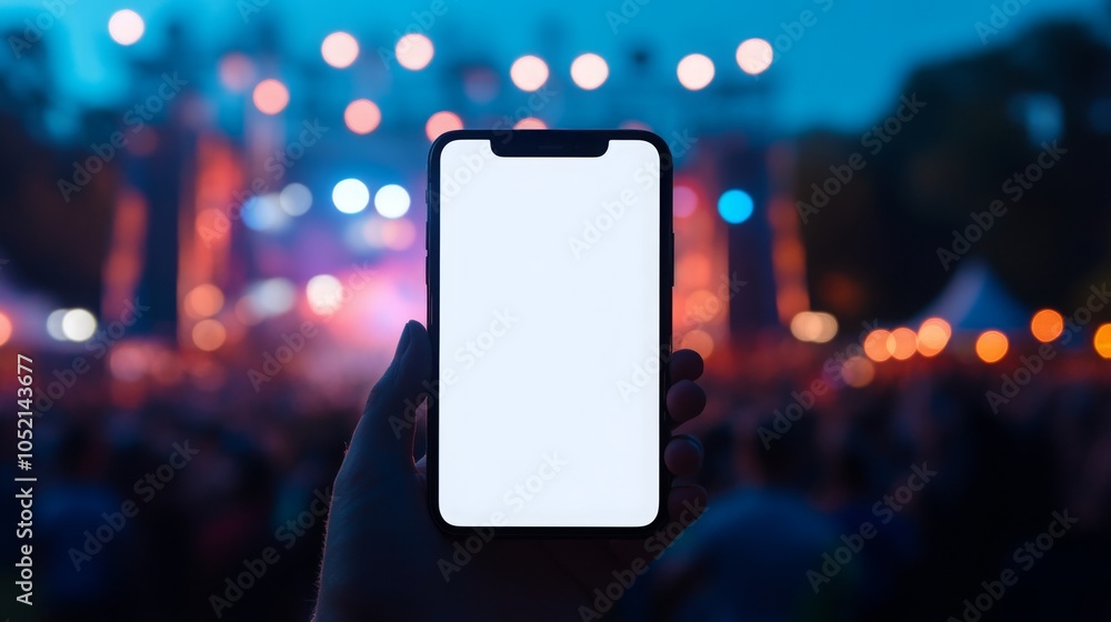 Poster a hand displays a blank smartphone screen while vivid lights illuminate a concert setting. the crowd