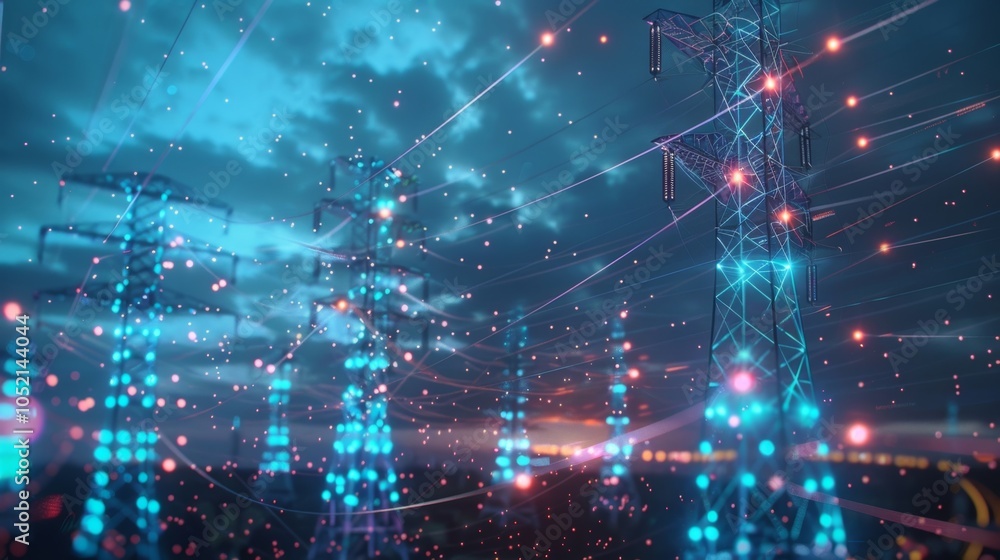 Poster futuristic power grid transforming energy distribution with a digital network of interconnected pylo