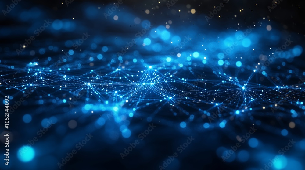 Poster an abstract dark background with blue lines and waves connecting with data.