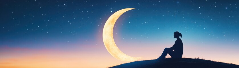 Naklejka premium A serene silhouette of a person sitting under a crescent moon at twilight, evoking peace and contemplation in nature.