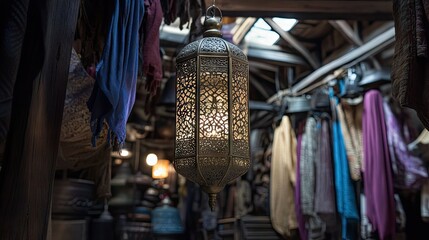 Naklejka premium Old brass lantern with intricate metalwork hangs from a wooden beam, illuminating a dimly lit room filled with antique artifacts and soft fabrics.