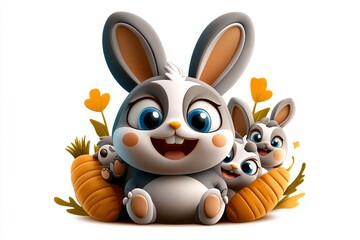 Obraz premium a 2D cartoon illustration of a fluffy bunny with a carrot happy and gentle white background
