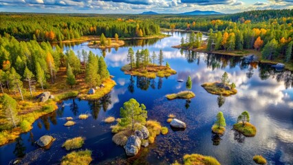 Fototapeta premium Amazing summer in the bog lake with reflection of trees in water, peaceful nature north green season landscape, Jokkmokk, Norrbottens laen, Sweden, Europe