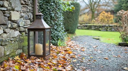 Rusty metal lantern on a garden path, surrounded by autumn leaves, with a soft warm glow against an old stone wall backdrop.