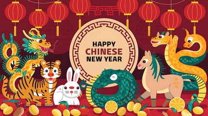 Colorful Chinese Zodiac Animals Celebrating New Year