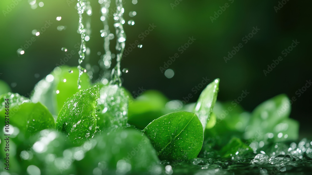 Poster a close-up view of lush green leaves with water droplets, creating a refreshing and vibrant atmosphe