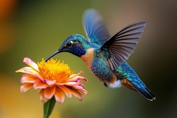 Fototapeta premium a 2D cartoon illustration of a hummingbird drinking nectar from a flower vibrant colors white background