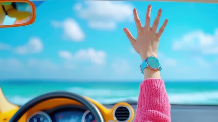 Woman s Hand Reaching Out of Car Window with Blue Ocean View