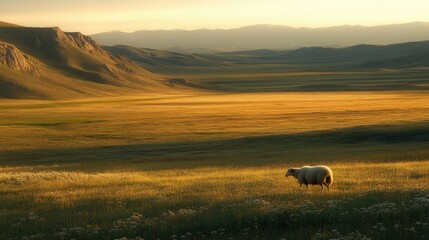 Obraz premium Solitary sheep in a wide-open pasture, with rich green grass, wildflowers, and the soft glow of early morning light.