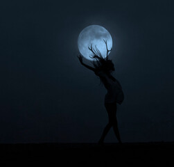 one Woman with horn dancing under full moon in night sky. girl with long tangled hair, walking....