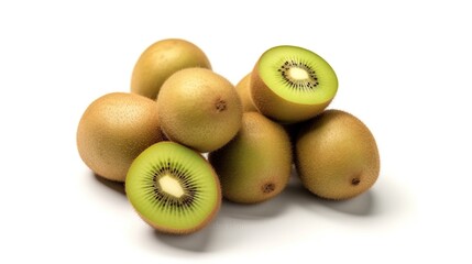Obraz premium A group of whole and halved green kiwis on a white background.