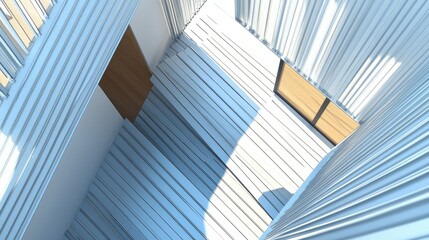 Obraz premium Steel roofing sheets on a minimalist house roof, the clean lines and metallic finish catching natural sunlight beautifully.