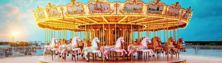 Fototapeta premium A vibrant carousel featuring beautifully crafted horses, capturing the essence of joy and nostalgia at a sunny amusement park.