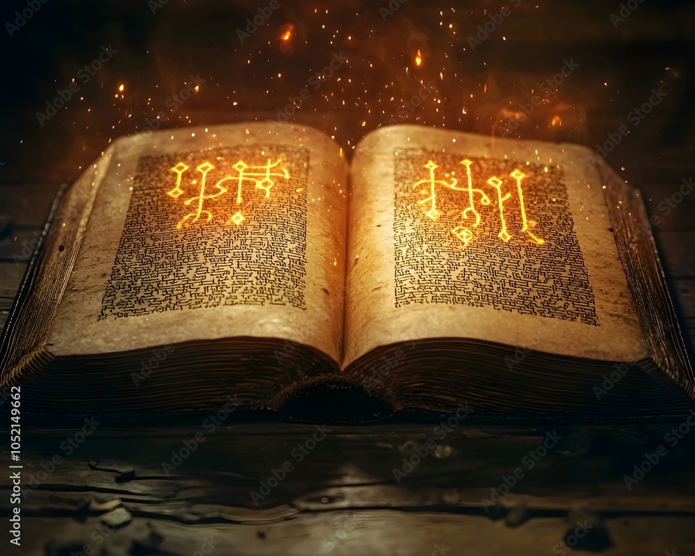 Poster glowing ancient runes on the open pages of a mystical book representing the timeless power of writte