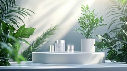 Make a lasting impression with your cosmetic product presentation using a sophisticated podium display adorned with elegant plants.