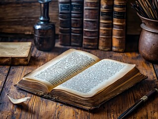 Fototapeta premium Vintage Writer s Desk with Open Book Quills and Old Manuscripts