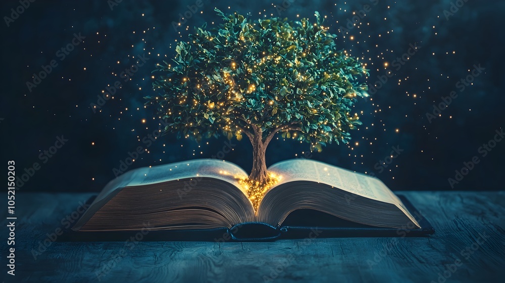 Poster glowing knowledge blossoms from the pages of an open book symbolizing growth and learning