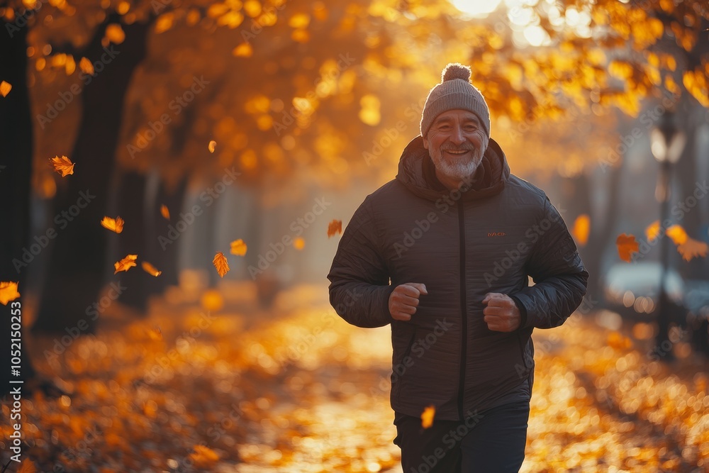 Poster man is running in a park with a black jacket and a black beanie. he is smiling and he is enjoying hi