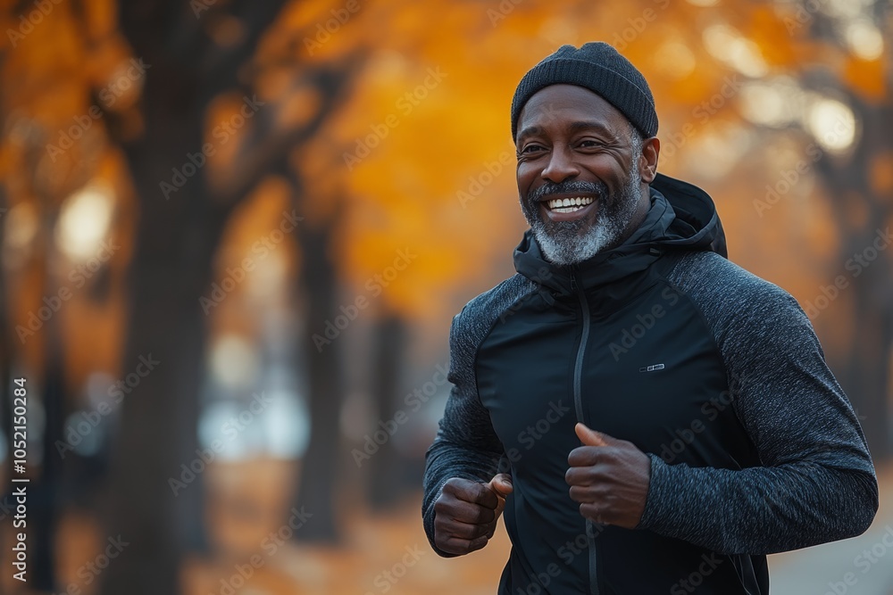Aufkleber man is running in a park with a black jacket and a black beanie. he is smiling and he is enjoying hi