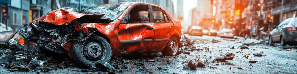 Car crash banner featuring wrecked red vehicles on urban streets, highlighting severe damage and scattered debris, creating a dramatic accident scene.