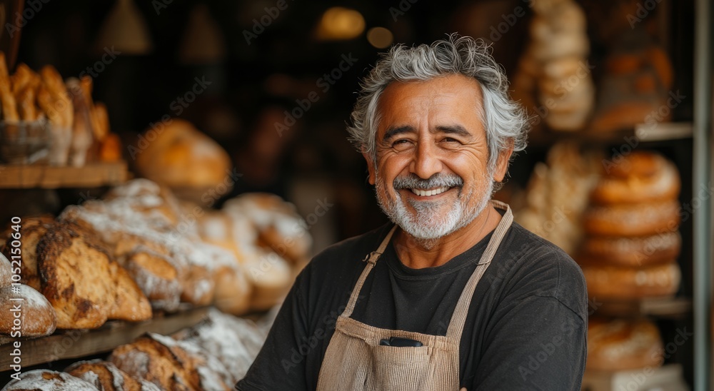 Poster smiling older man wearing a chef's hat stands in front of a bakery display. he is wearing an apron a