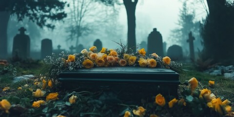A cemetery with a grave marker and flowers on top. The flowers are yellow and there are several of them