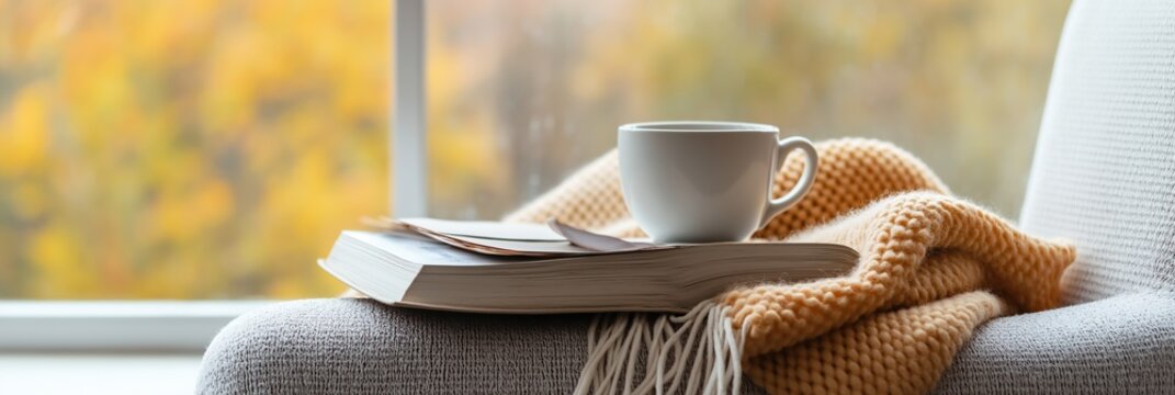 A book and a cup of coffee are on a chair by a window. The book is open and the cup is filled with coffee. Concept of relaxation and comfort