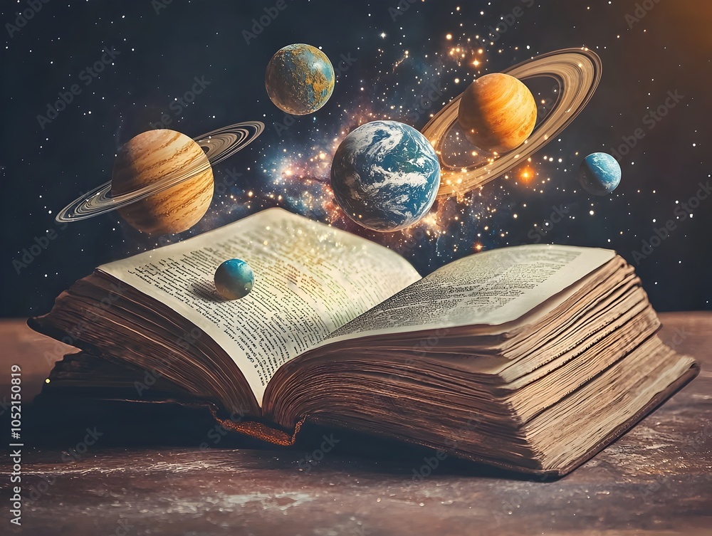 Poster galaxies emerging from the pages of an open book symbolizing the of the universe through knowledge