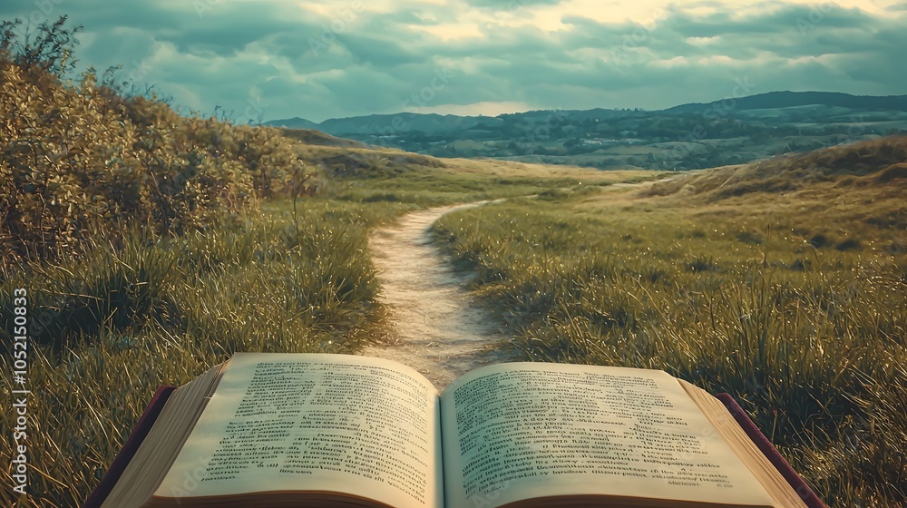 Poster an open book inviting readers on a winding path through serene landscape