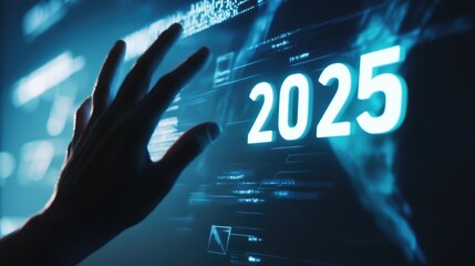 A Hand Reaching Toward a Futuristic Holographic Screen Displaying 2025 Innovation Concept