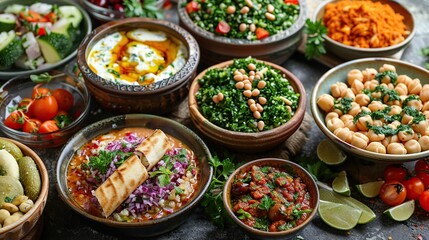 Fototapeta premium A variety of Middle Eastern dishes, including hummus, baba ghanoush, tabbouleh, falafel, and a variety of salads, are arranged on a table.