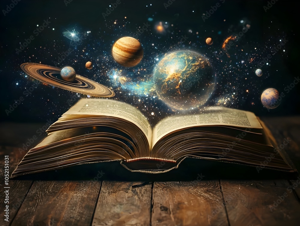 Aufkleber galaxies and planets emerging from an open book symbolizing the of the universe through knowledge