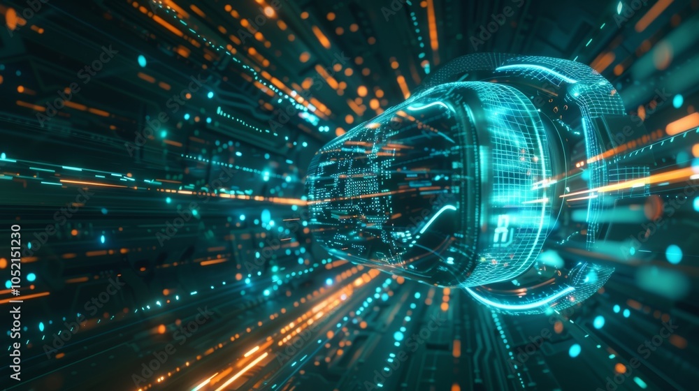 Poster futuristic vr headset is quickly moving through cyberspace with data streams and flashing lights, sh