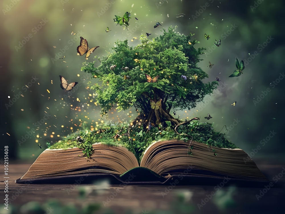Poster enchanted forest sprouting from the pages of an open book symbolizing the magic of storytelling and 
