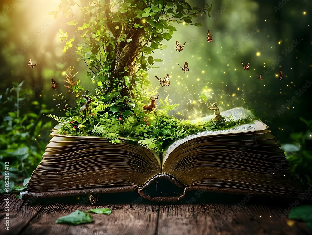 Aufkleber enchanted forest bursting from the pages of an open book symbolizing the magic of storytelling and i
