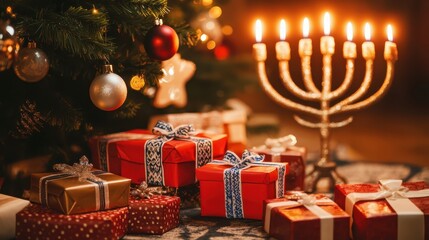 A festive celebration of lights and joy christmas and hanukkah converge with beautiful decorations and gifts under the tree