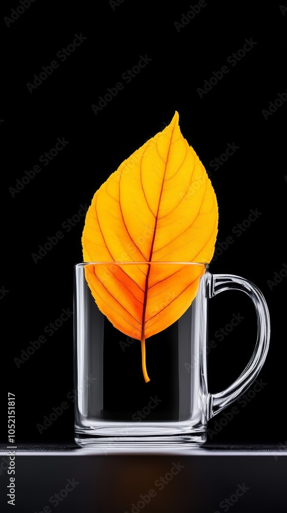 Poster leaf is placed in a glass cup, creating a unique and artistic display. concept of creativity and app