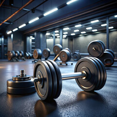 A ground level view of a dumbbell used for weight training in a fitness room