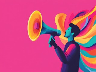 A vibrant illustration of a person using a megaphone, symbolizing communication and creativity against a colorful background.