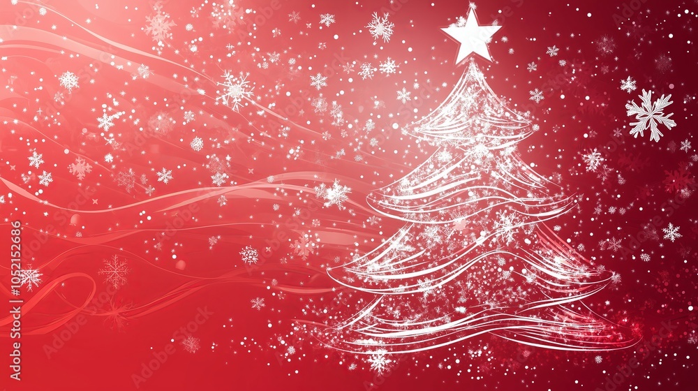 Poster a vector christmas tree in white on a red background with swirls.