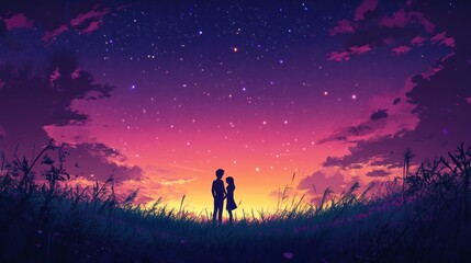Fototapeta premium Couple Silhouette Under Starry Sky