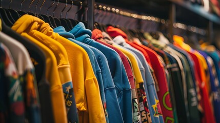 Obraz premium A colorful row of hoodies hangs on a rack in a retail store.