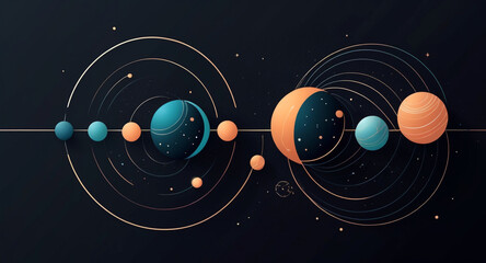 A modern, minimalist vector design featuring geometric shapes and patterns inspired by cosmic elements spheres as planets, with lines and curves symbolizing celestial bodies
