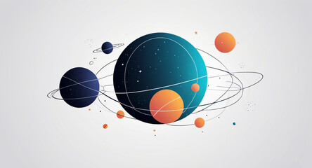 A modern, minimalist vector design featuring geometric shapes and patterns inspired by cosmic elements spheres as planets, with lines and curves symbolizing celestial bodies