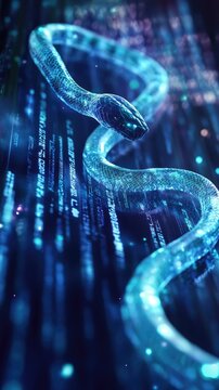 A Luminous Snake Weaving Through Streams of Code Lines, Representing the Dynamic and Powerful Essence of Python Programming Against a Dark Background