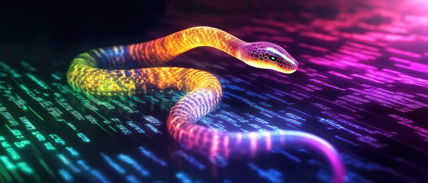 A Luminous Snake Weaving Through Streams of Code Lines, Representing the Dynamic and Powerful Essence of Python Programming Against a Dark Background