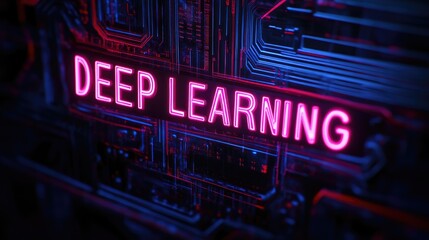 Obraz premium Bright and Illuminated DEEP LEARNING Symbolizing AI and Neural Networks in an Advanced Digital Style Against a Dark Background