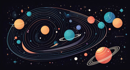 A modern, minimalist vector design featuring geometric shapes and patterns inspired by cosmic elements spheres as planets, with lines and curves symbolizing celestial bodies